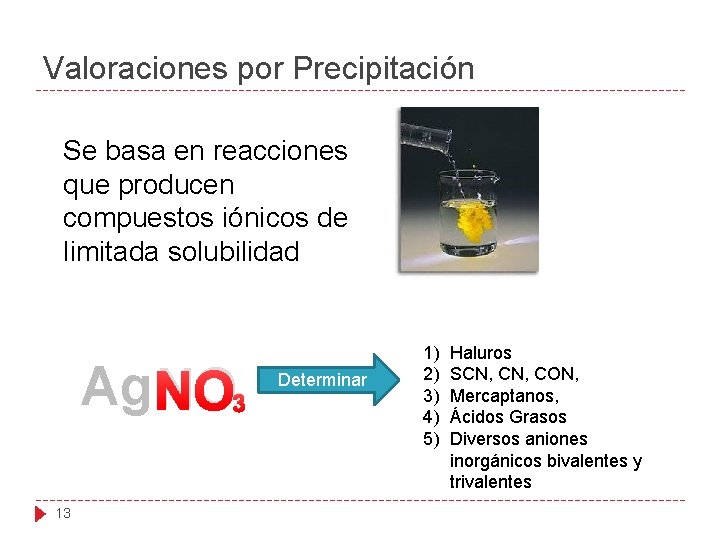 Valoraciones por Precipitación Se basa en reacciones que producen compuestos iónicos de limitada solubilidad