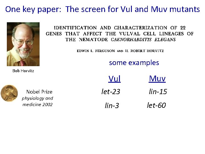 One key paper: The screen for Vul and Muv mutants some examples Bob Horvitz