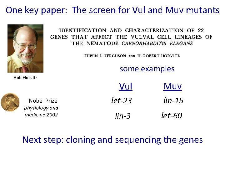 One key paper: The screen for Vul and Muv mutants some examples Bob Horvitz