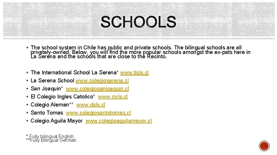 § The school system in Chile has public and private schools. The bilingual schools § The school system in Chile has public and private schools. The bilingual schools