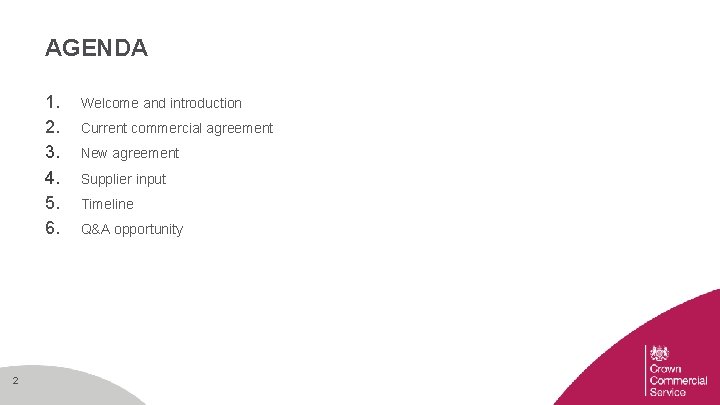 AGENDA 1. 2. 3. 4. 5. 6. 2 Welcome and introduction Current commercial agreement