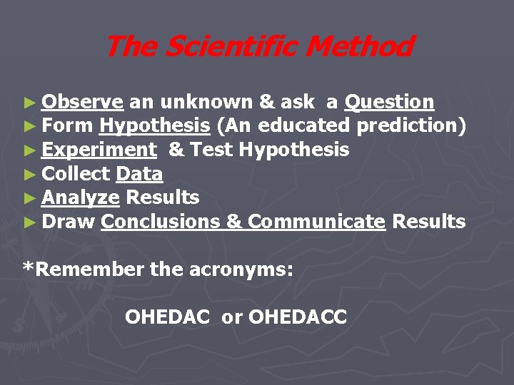 The Scientific Method ► Observe an unknown & ask a Question ► Form Hypothesis