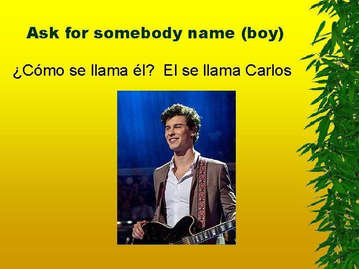 Ask for somebody name (boy) ¿Cómo se llama él? El se llama Carlos 
