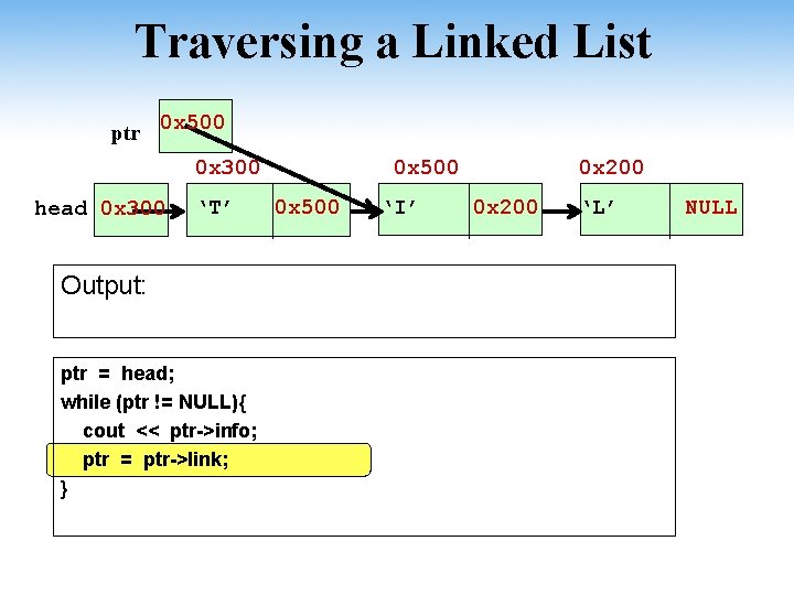 Traversing a Linked List ptr 0 x 500 0 x 300 head 0 x