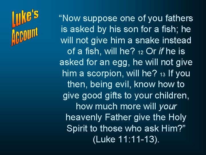 “Now suppose one of you fathers is asked by his son for a fish; “Now suppose one of you fathers is asked by his son for a fish;