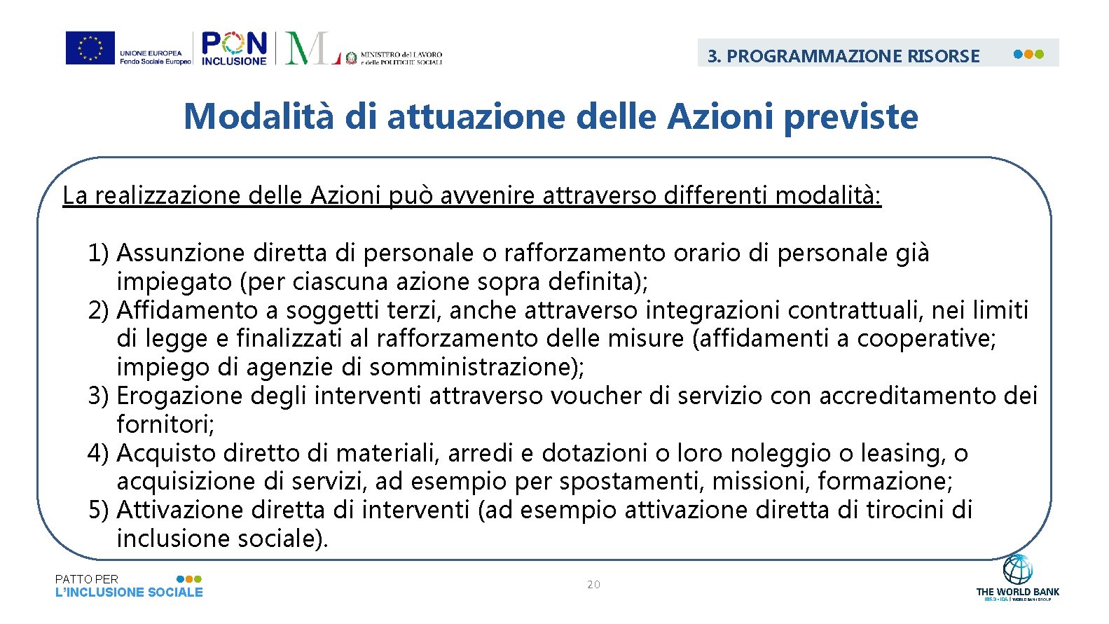3. PROGRAMMAZIONE RISORSE Modalità di attuazione delle Azioni previste La realizzazione delle Azioni può