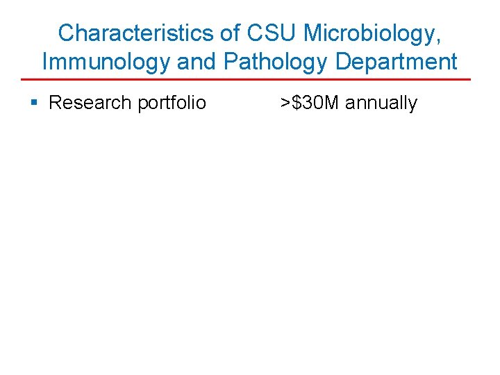 Characteristics of CSU Microbiology, Immunology and Pathology Department § Research portfolio >$30 M annually