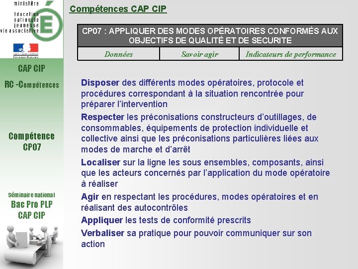 Compétences CAP CIP CP 07 : APPLIQUER DES MODES OPÉRATOIRES CONFORMÉS AUX OBJECTIFS DE