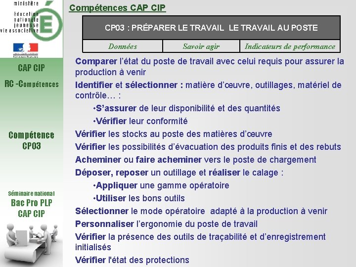 Compétences CAP CIP CP 03 : PRÉPARER LE TRAVAIL AU POSTE Données CAP CIP