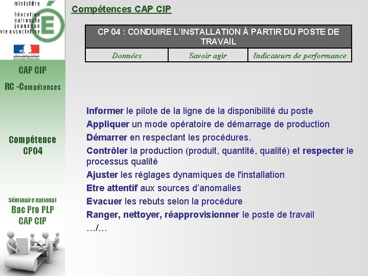Compétences CAP CIP CP 04 : CONDUIRE L’INSTALLATION À PARTIR DU POSTE DE TRAVAIL