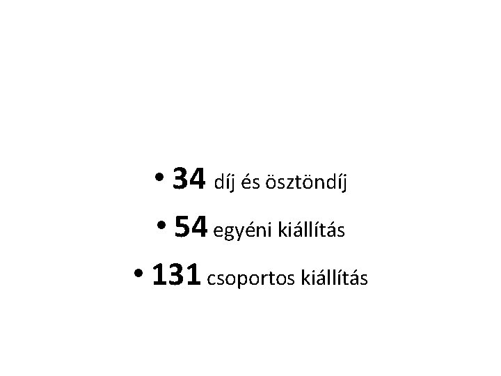  • 34 díj és ösztöndíj • 54 egyéni kiállítás • 131 csoportos kiállítás