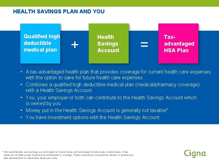 HEALTH SAVINGS PLAN AND YOU Qualified high deductible medical plan + Health Savings Account HEALTH SAVINGS PLAN AND YOU Qualified high deductible medical plan + Health Savings Account