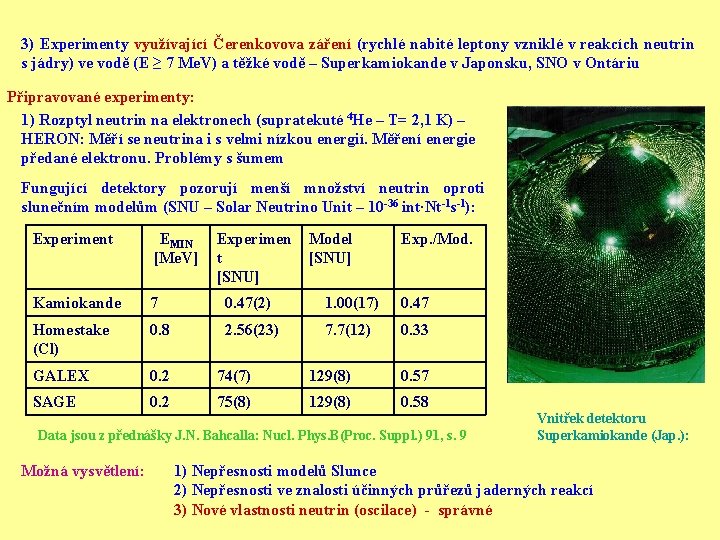 3) Experimenty využívající Čerenkovova záření (rychlé nabité leptony vzniklé v reakcích neutrin s jádry)