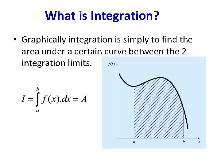 What is Integration? • Graphically integration is simply to find the area under a What is Integration? • Graphically integration is simply to find the area under a
