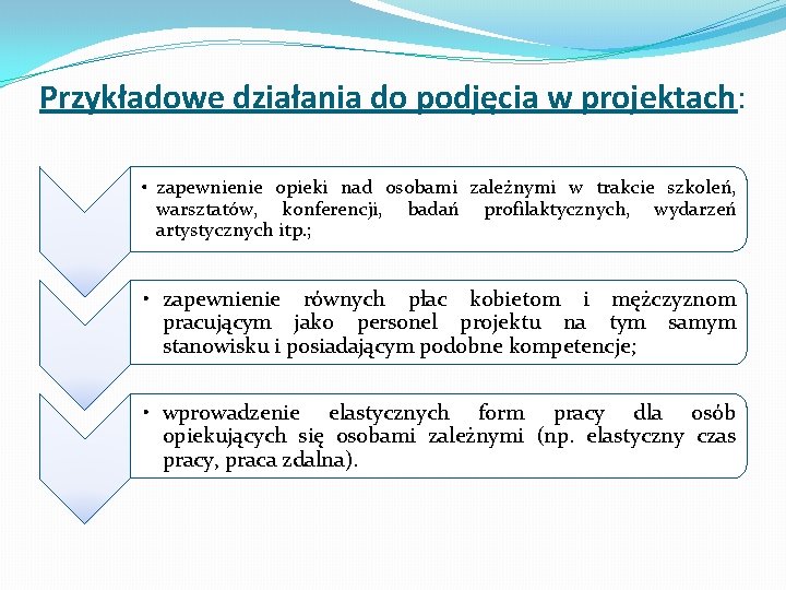 Przykładowe działania do podjęcia w projektach: • zapewnienie opieki nad osobami zależnymi w trakcie