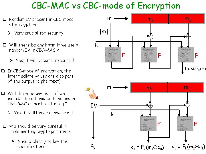 CBC-MAC vs CBC-mode of Encryption m q Random IV present in CBC-mode of encryption