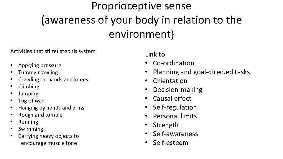 Proprioceptive sense (awareness of your body in relation to the environment) Activities that stimulate