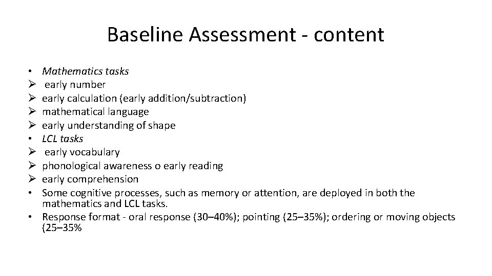 Baseline Assessment - content Mathematics tasks early number early calculation (early addition/subtraction) mathematical language