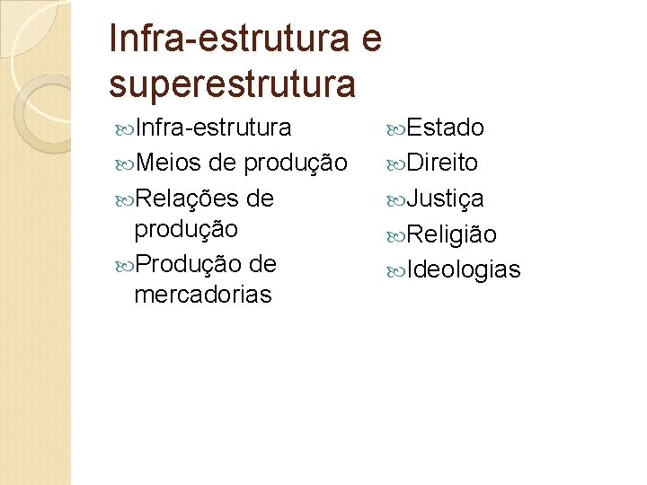 Infra-estrutura e superestrutura Infra-estrutura Estado Meios Direito de produção Relações de produção Produção de