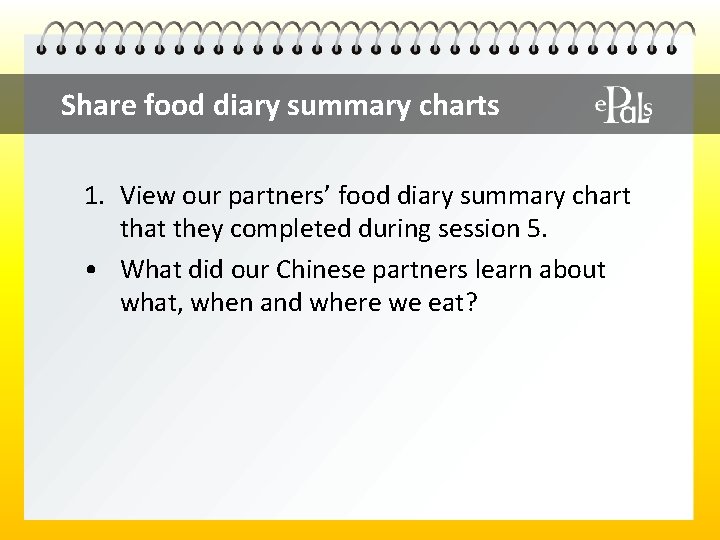 Share food diary summary charts 1. View our partners’ food diary summary chart that