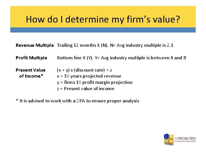 How do I determine my firm’s value? Revenue Multiple Trailing 12 months X (N).