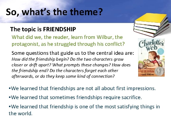 So, what’s theme? The topic is FRIENDSHIP What did we, the reader, learn from