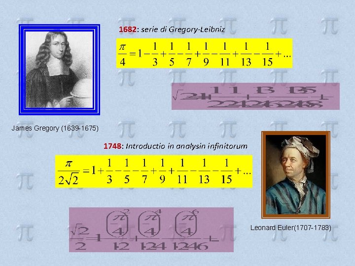 1682: serie di Gregory-Leibniz James Gregory (1639 -1675) 1748: Introductio in analysin infinitorum Leonard