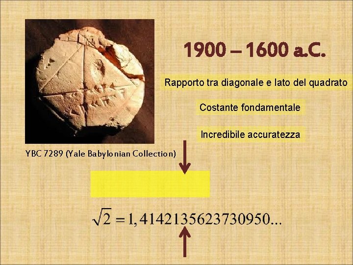 1900 – 1600 a. C. Rapporto tra diagonale e lato del quadrato Costante fondamentale