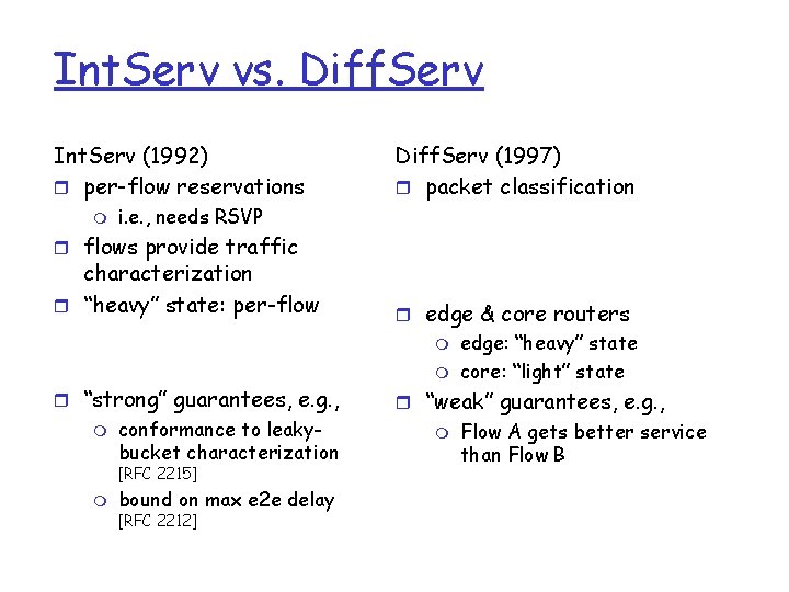 Int. Serv vs. Diff. Serv Int. Serv (1992) r per-flow reservations m Diff. Serv