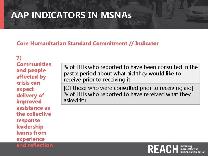 AAP INDICATORS IN MSNAs Core Humanitarian Standard Commitment // Indicator 7) Communities and people