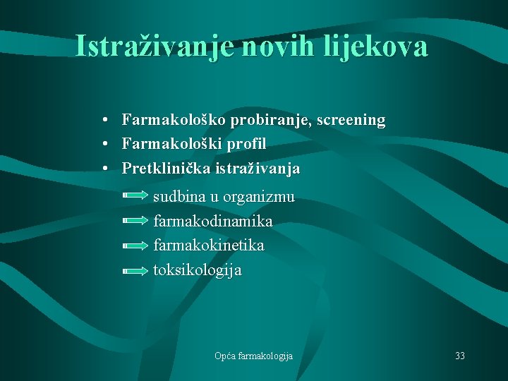 Istraživanje novih lijekova • • • Farmakološko probiranje, screening Farmakološki profil Pretklinička istraživanja sudbina