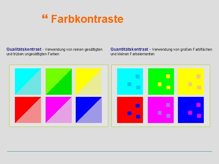  Farbkontraste Qualitätskontrast - Verwendung von reinen gesättigten Quantitätskontrast - Verwendung von großen Farbflächen