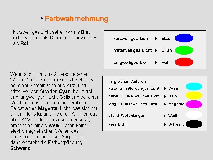  Farbwahrnehmung Kurzwelliges Licht sehen wir als Blau, mittelwelliges als Grün und langwelliges als
