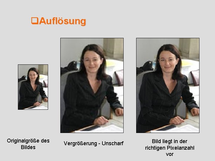 q. Auflösung Originalgröße des Bildes Vergrößerung - Unscharf Bild liegt in der richtigen Pixelanzahl