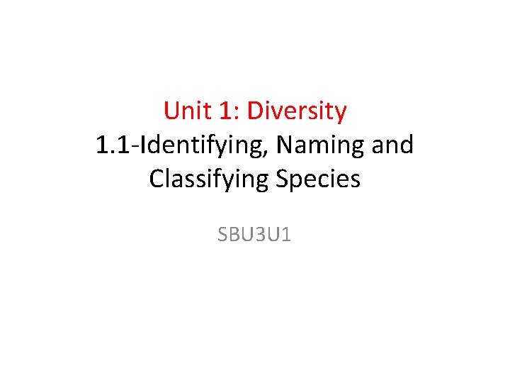 Unit 1: Diversity 1. 1 -Identifying, Naming and Classifying Species SBU 3 U 1
