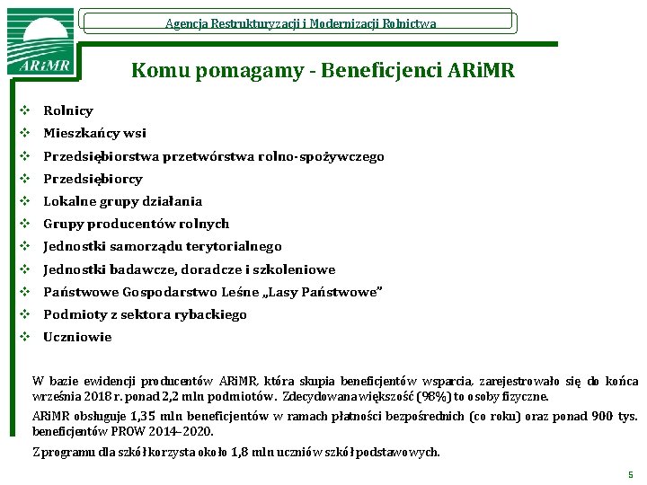 Agencja Restrukturyzacji i Modernizacji Rolnictwa Komu pomagamy - Beneficjenci ARi. MR v Rolnicy v