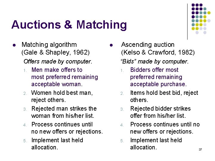 Auctions & Matching l Matching algorithm (Gale & Shapley, 1962) Offers made by computer.