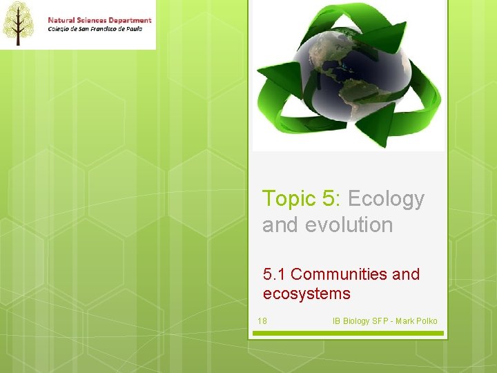 Topic 5: Ecology and evolution 5. 1 Communities and ecosystems 18 IB Biology SFP Topic 5: Ecology and evolution 5. 1 Communities and ecosystems 18 IB Biology SFP