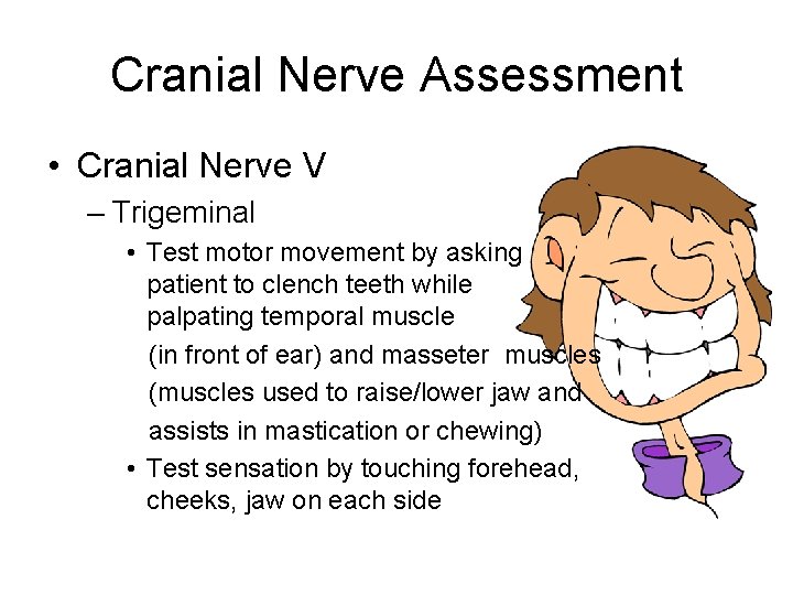 Cranial Nerve Assessment • Cranial Nerve V – Trigeminal • Test motor movement by
