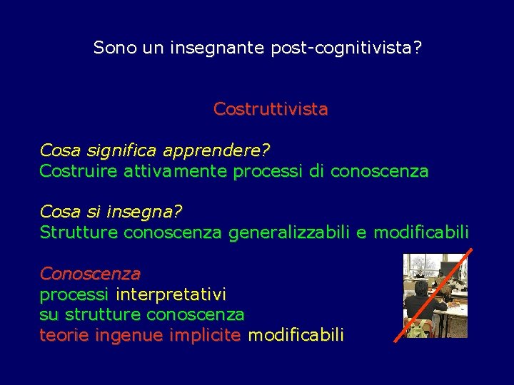 Sono un insegnante post-cognitivista? Costruttivista Cosa significa apprendere? Costruire attivamente processi di conoscenza Cosa