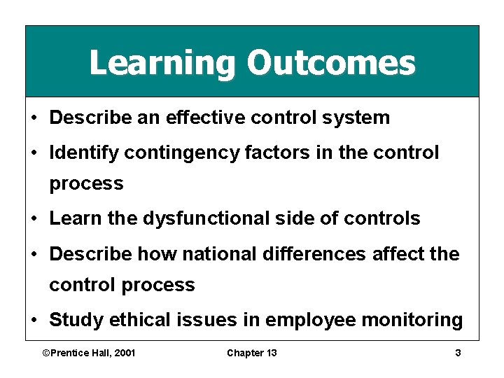 Learning Outcomes • Describe an effective control system • Identify contingency factors in the