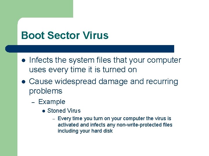 Boot Sector Virus l l Infects the system files that your computer uses every