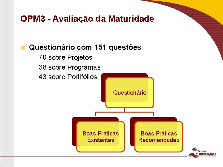 OPM 3 - Avaliação da Maturidade n Questionário com 151 questões – 70 sobre