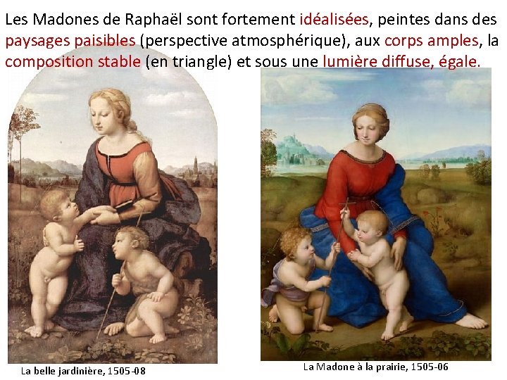 Les Madones de Raphaël sont fortement idéalisées, peintes dans des paysages paisibles (perspective atmosphérique),