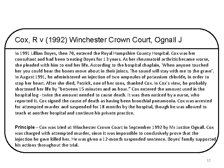 Cox, R v (1992) Winchester Crown Court, Ognall J In 1991 Lillian Boyes, then