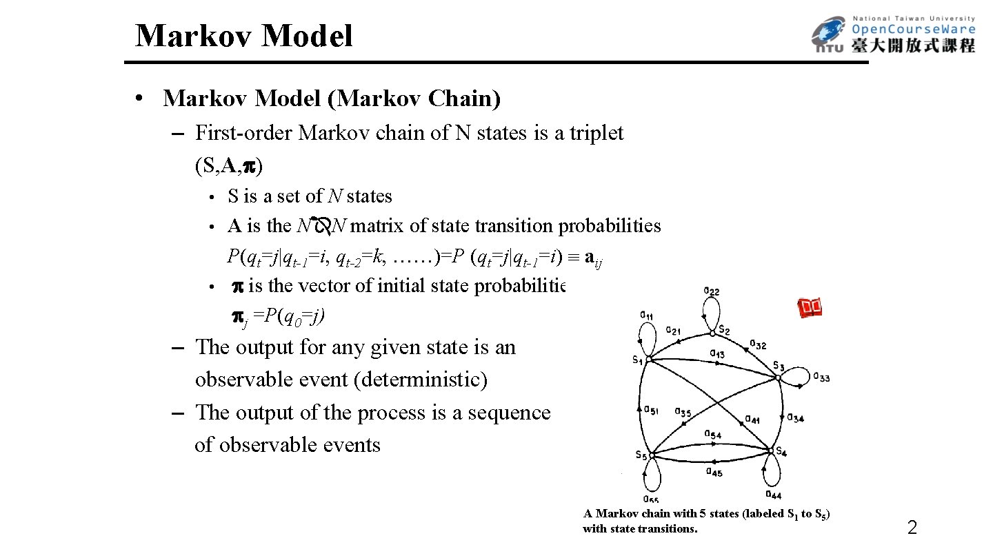 Markov Model • Markov Model (Markov Chain) – First-order Markov chain of N states