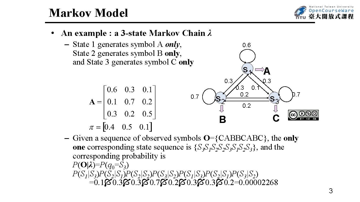 Markov Model • An example : a 3 -state Markov Chain λ – State