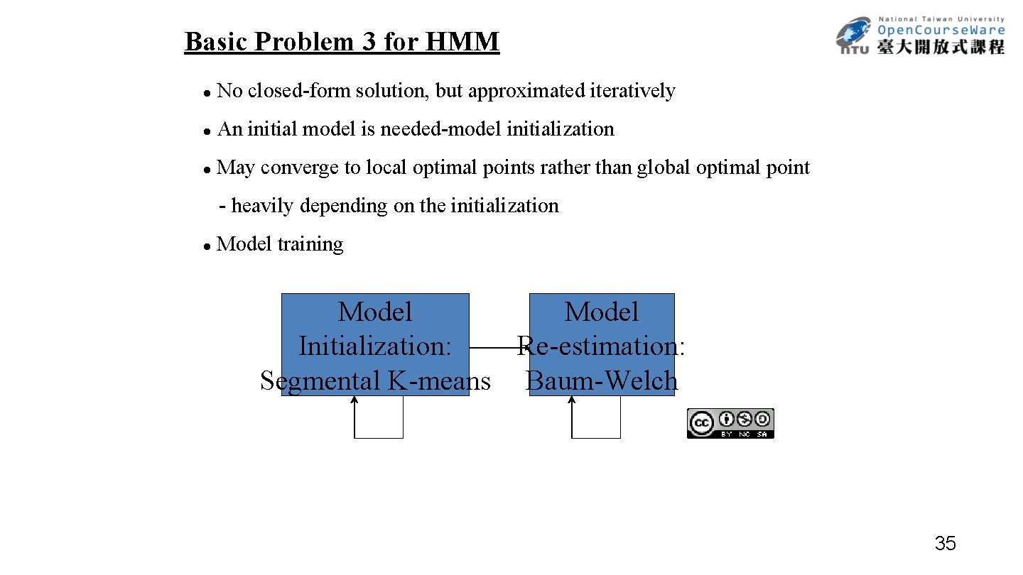 Basic Problem 3 for HMM l No closed-form solution, but approximated iteratively l An