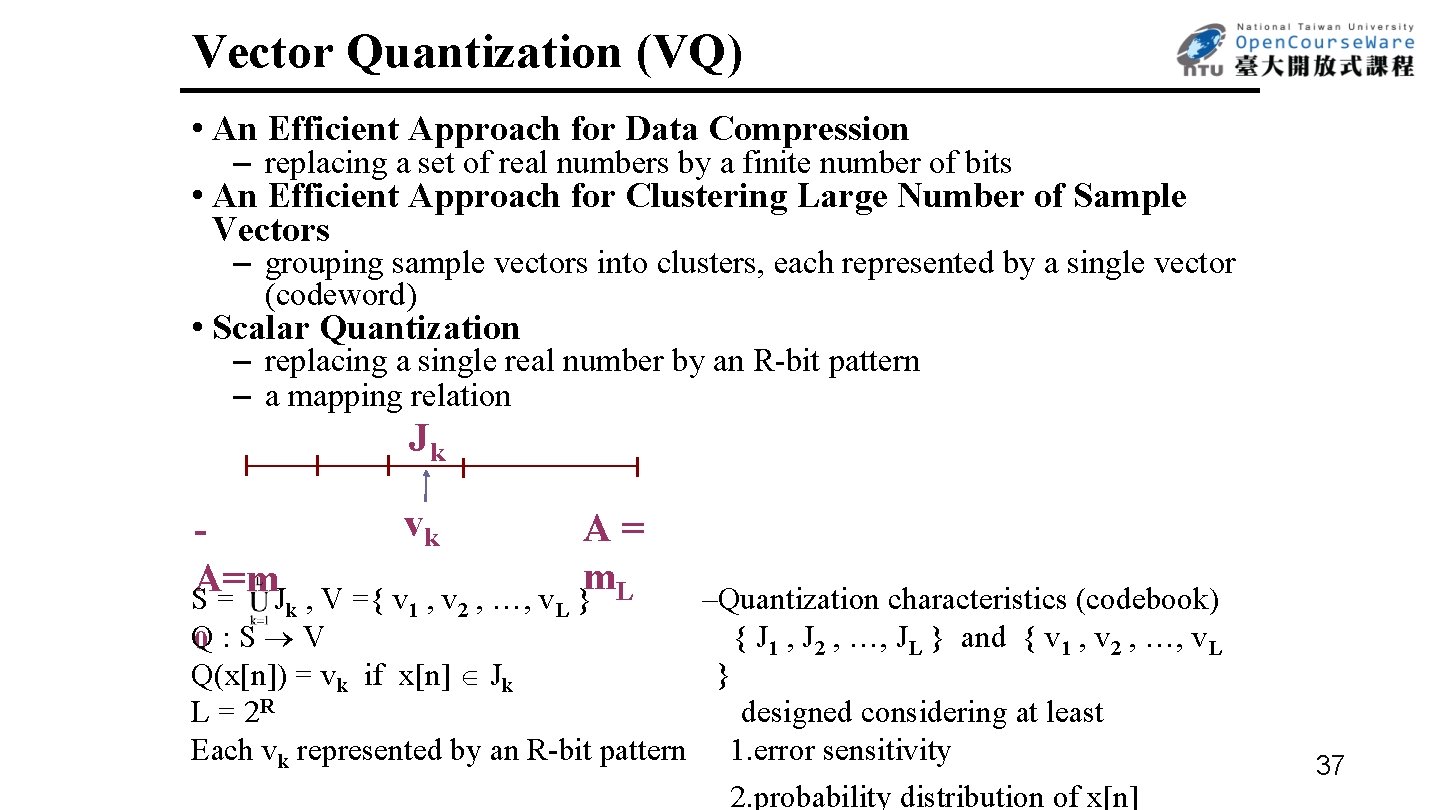 Vector Quantization (VQ) • An Efficient Approach for Data Compression – replacing a set