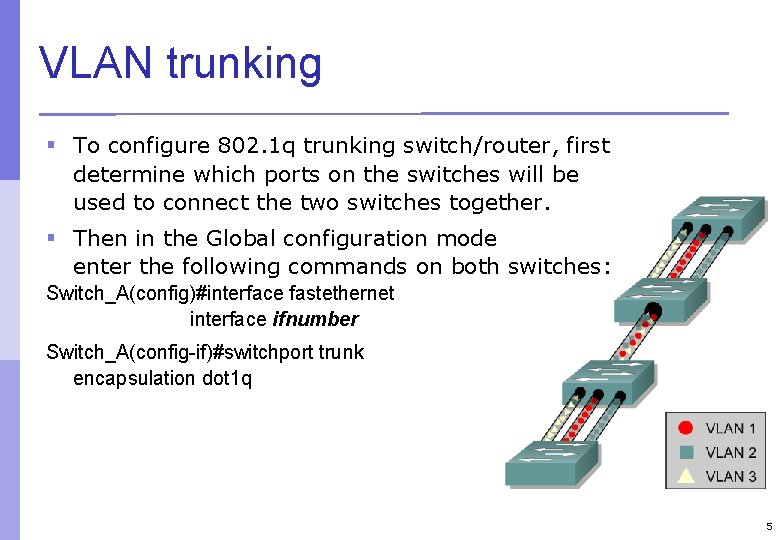 VLAN trunking § To configure 802. 1 q trunking switch/router, first determine which ports